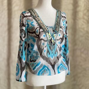 Vintage Y2K INC Sheer Embellished Ikat Festival Blouse Mirror Sequin Detail XS